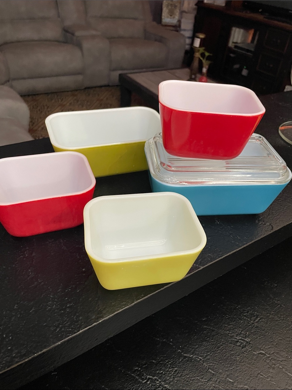 Pyrex lot of 5 Fridgie Dishes Colorful Ceramic Prep Bowls Set -Red, Yellow, Blue
